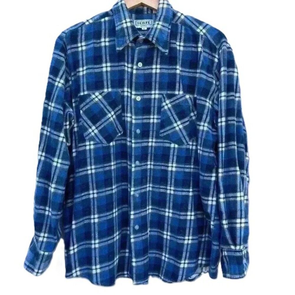 Forte Blue Plaid Button Up Mens Shirt Size Large